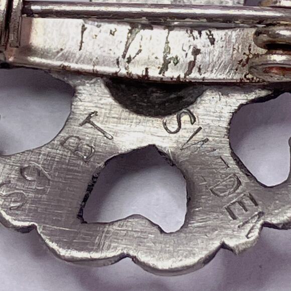 VTG Signed S9 BT Sweden Pewter Brooch 1968 Silver Tone Rosette Scandinavian Pin - Picture 7 of 8